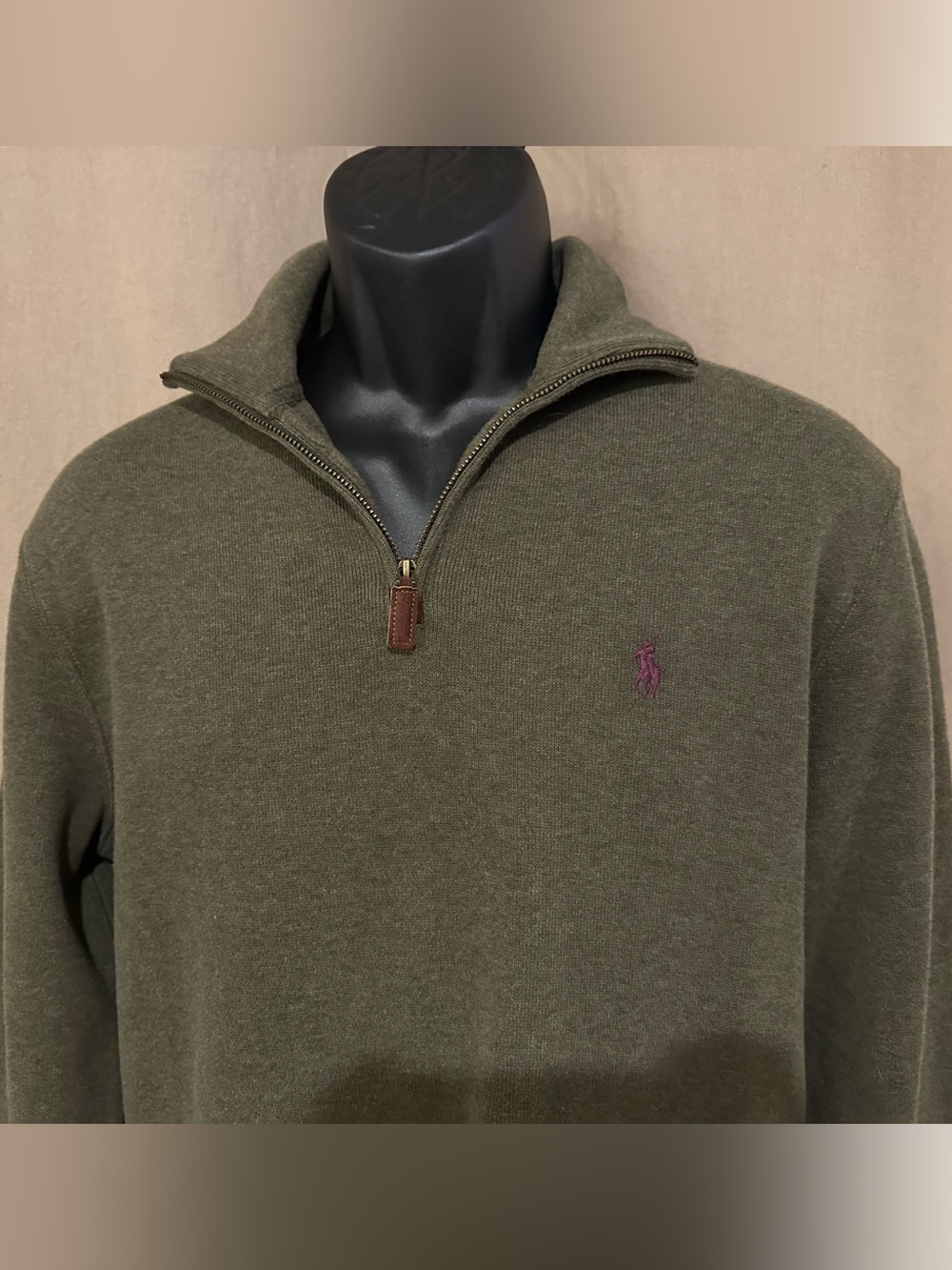 Ralph Lauren Olive Green Quarter-Zip Sweater with Purple Pony